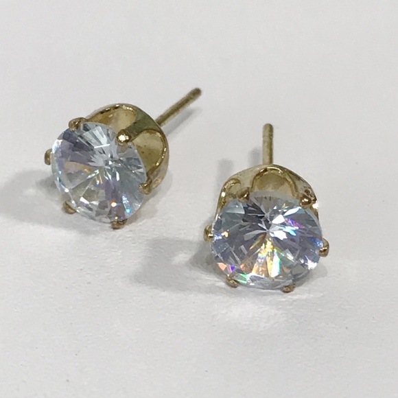 Vintage C&L 7mm Round Cut Prong Set CZ Stud Post Earrings Gold Tone Stainless - Picture 13 of 16